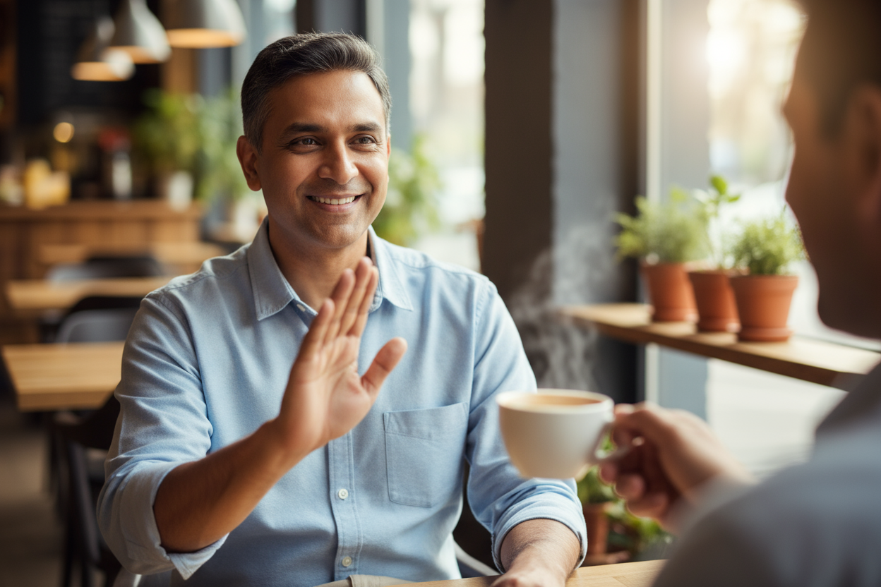 40 year indian man saying no to coffee