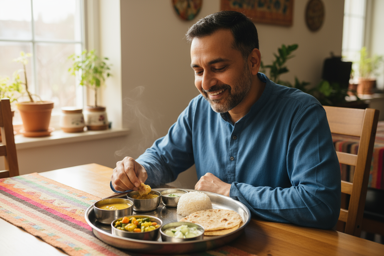 40 year old indian man eating healthy indian homemade food/thali