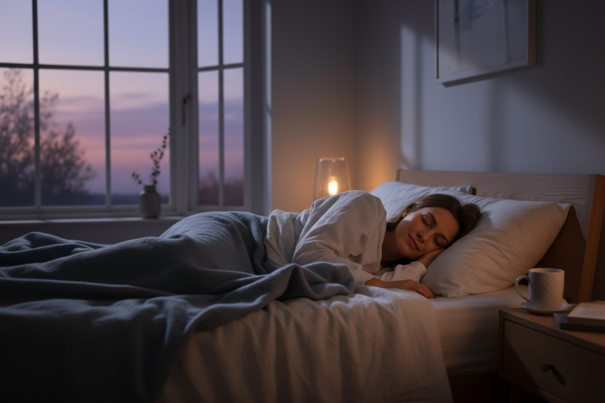 A person sleeping happily , it is almost dark