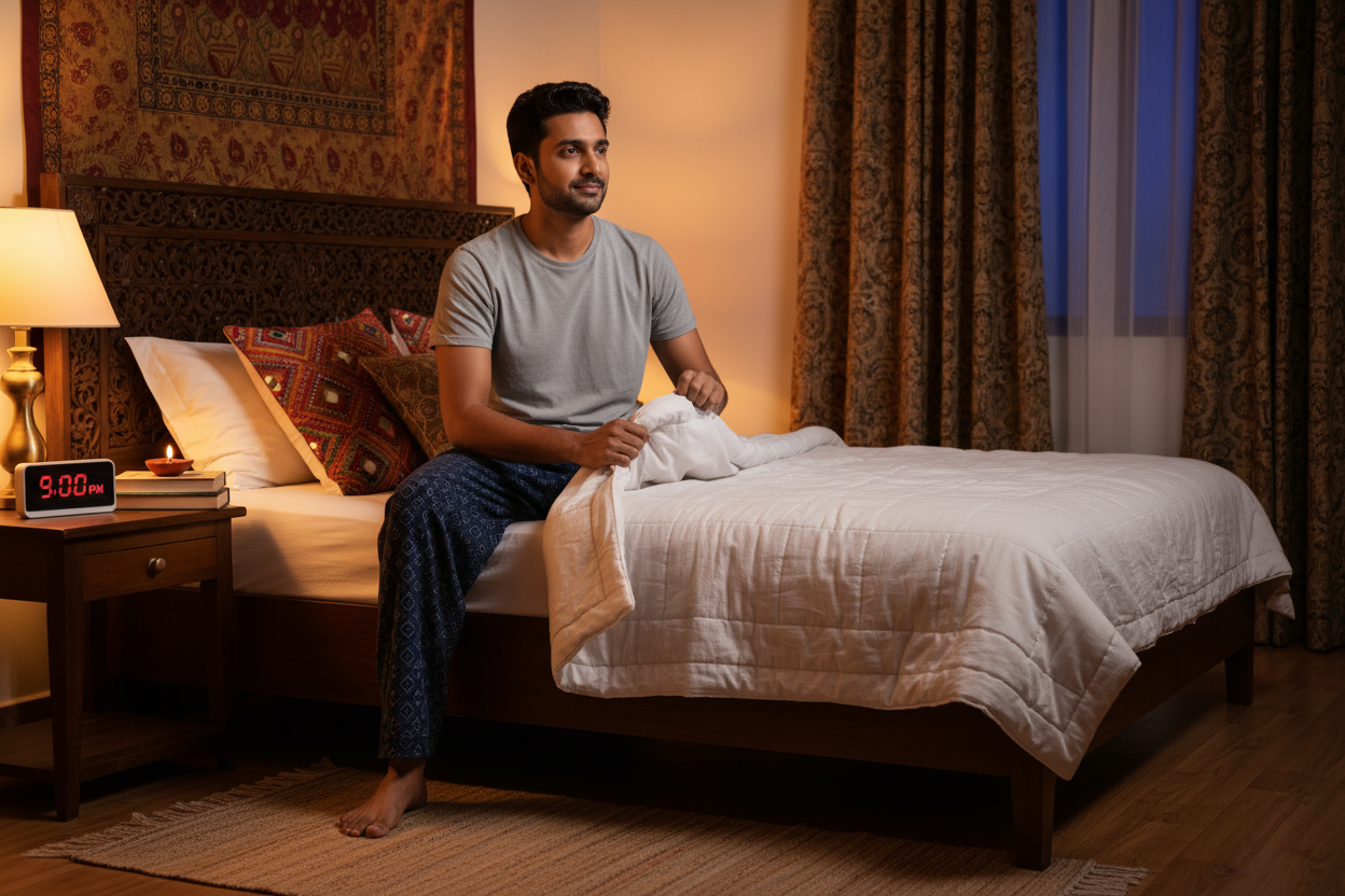 An indian 35 year old man going to bed at 9pm